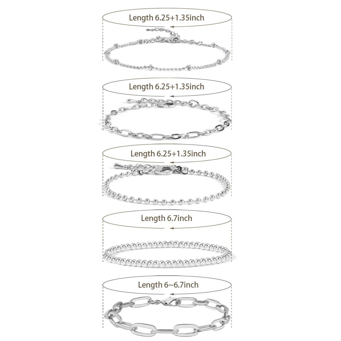 CONRAN KREMIX Silver Chain Bracelet for Women,Stake Layered Dainty Link Paperclip Bracelets Set,Trendy Silver Jewelry For Women