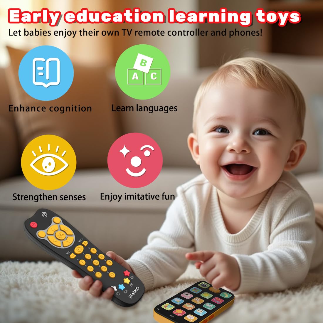 Baby Phone TV Remote Toy Set, Bilingual Play Phones Toy Remote for Baby with Music Light for 6+ Months, Early Learning Baby Toys Gift for 1 Year Old Boys Girls Toddler Infant, English/Spanish, Orange