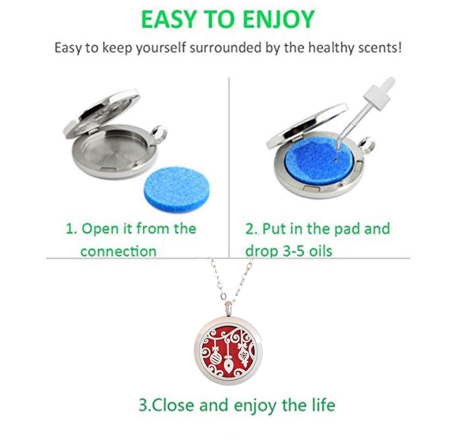 Aromatherapy Essential Oil Diffuser Stainless Steel 30 MM Silver Magnetic Locket Pendant 2 Sizes Chain Necklace, Refill Pads & Diffuser Bracelet in a Velvet (Ornaments)