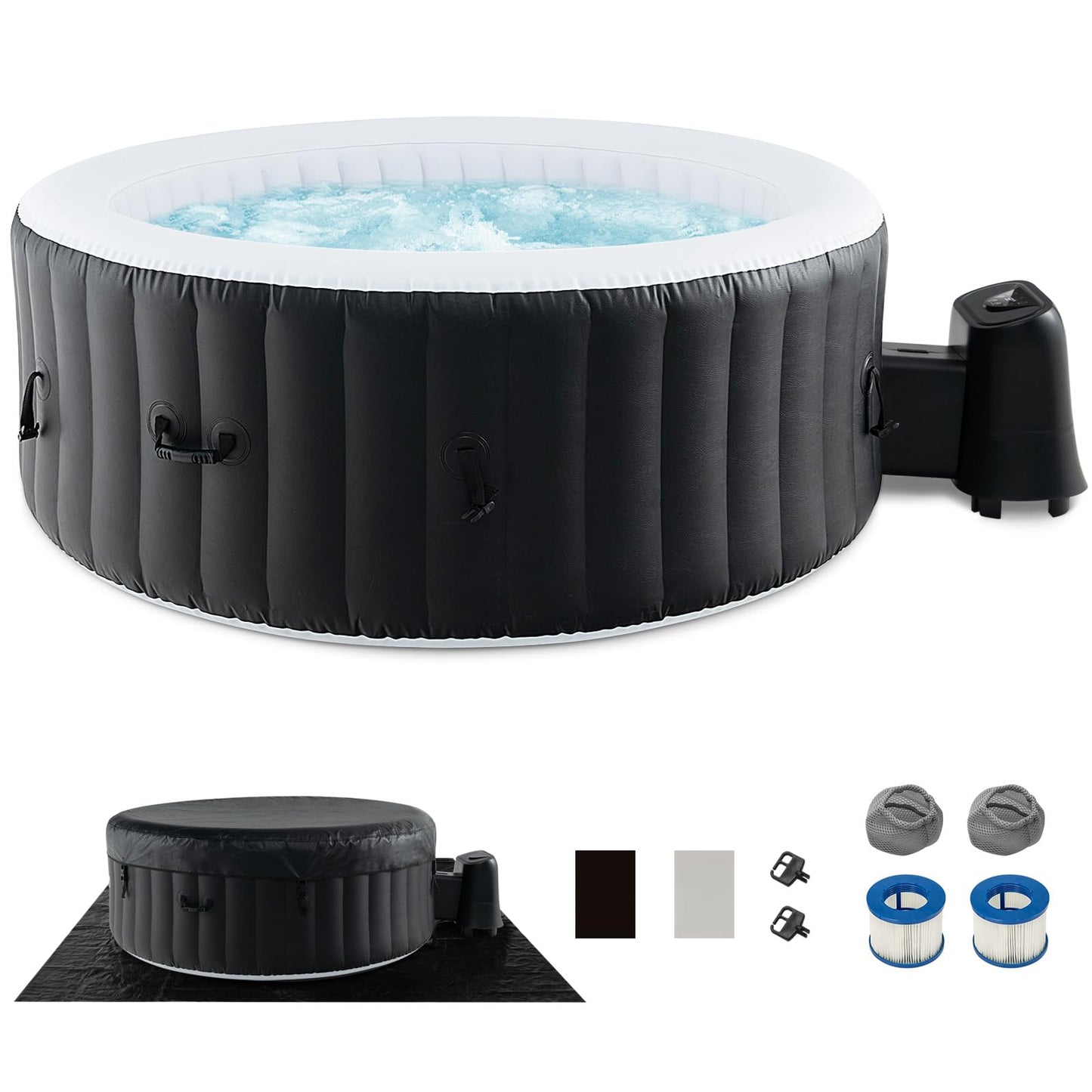 Goplus Inflatable Hot Tub, 2-4 Person Blowup Pool Hottub w/110 Air Jets, Heater Pump, Filter Cartridges, Insulated Cover, Ground Cloth, Portable Outdoor Water SPA (70’’ Round, 2-4 Person)