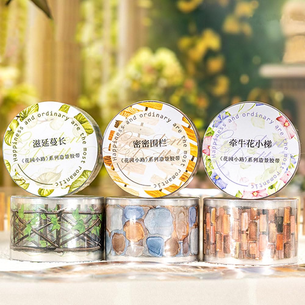 Landscape PET Tape Aesthetic Washi Tape Set Scrapbook Supplies Garden Path Fence Decorative Tape Green Plants Brick Wall Washi Tape Stickers Decorative Collage PET Stickers For Journaling Supplies