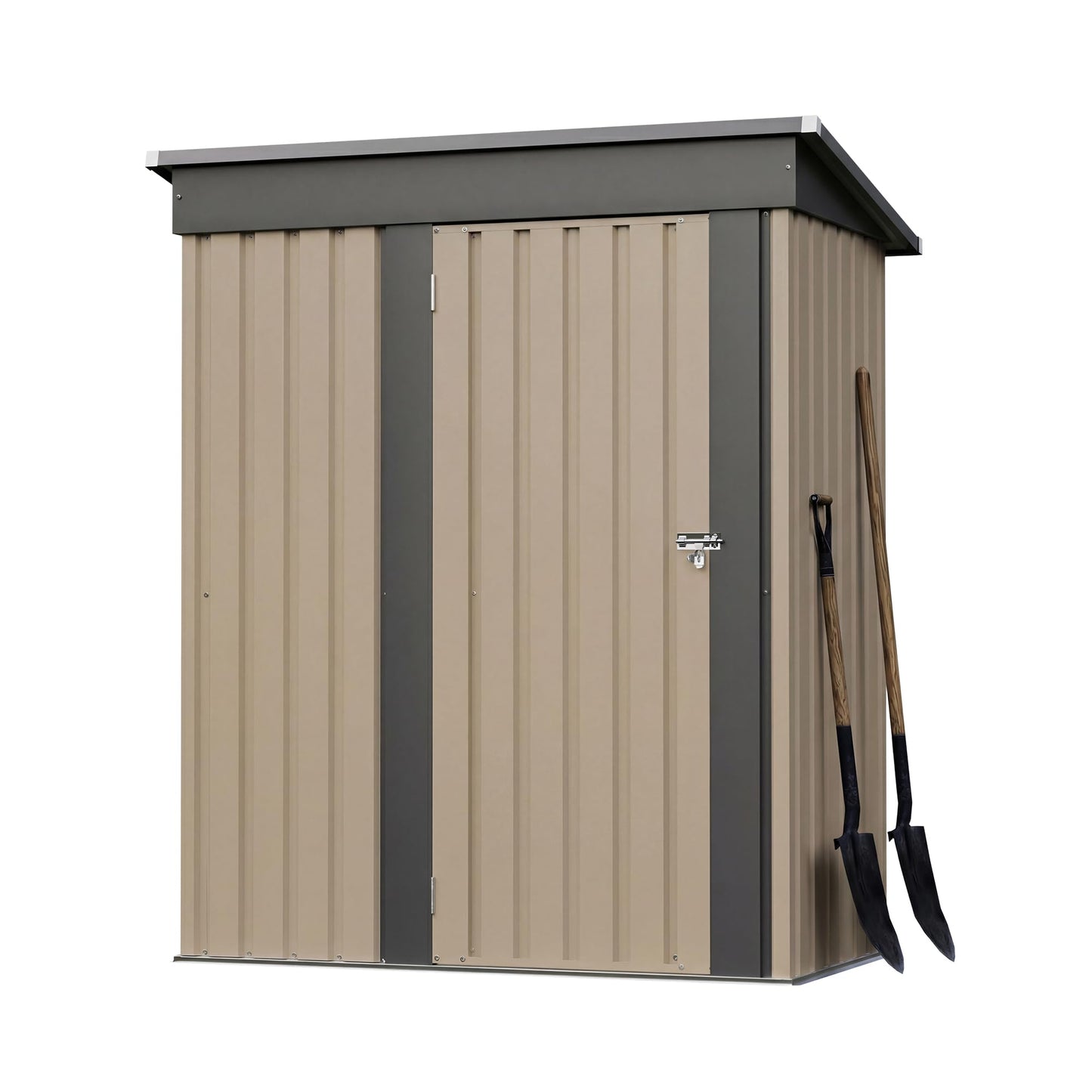 Greesum 5x3FT Outdoor Storage Shed with Base, Utility Tool Shed with Sloping Roof, Metal Storaged Garden Shed with Door & Lock for Patio Storage, Brown