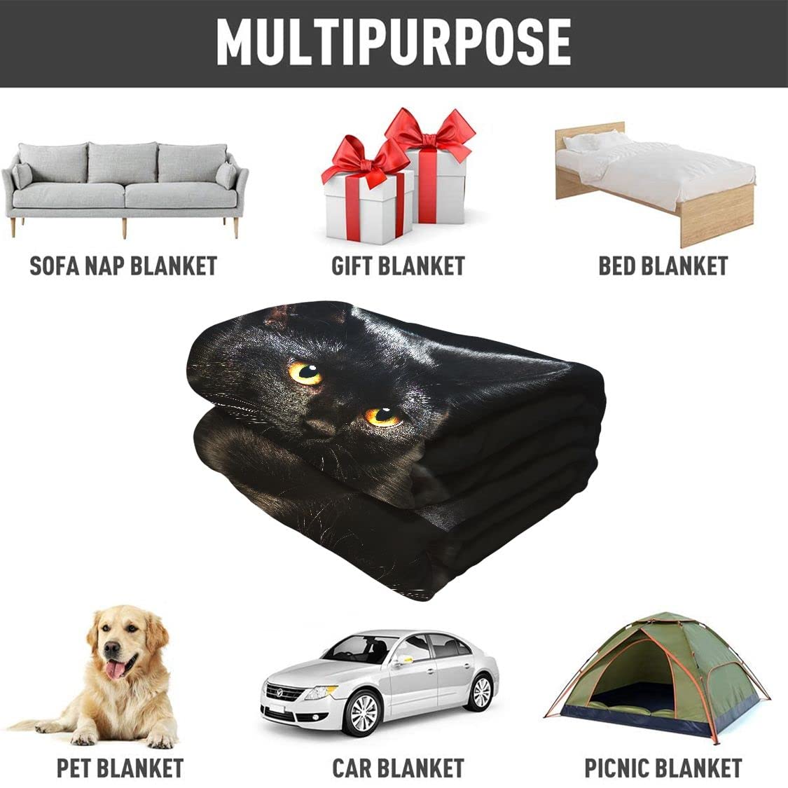YISUMEI Black Cat Throw Blanket Modern Black Decorative Big Eyes Black Cat Fleece Blanket Soft Warm Cozy for Kids Adult Gifts 60"x80"
