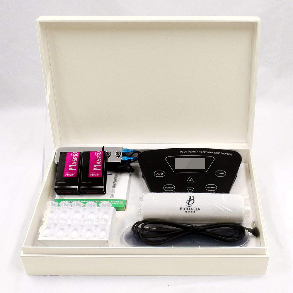 Permanent Makeup Tattoo Machine Kit-BIOAMSER P300 Permanent Makeup Kit with Foot Pedal Touch Control Power Supply Rotary Tattoo Machine Pen Practice Skin 2 Microblading Inks 10pcs Cartridge Needles