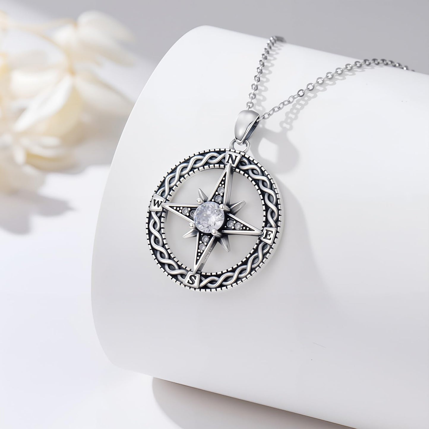 Silikepa Compass Necklace for Women 925 Sterling Silver Compass North Star Pendant Necklace with Zircon Graduation Season Jewelry Gift for Women