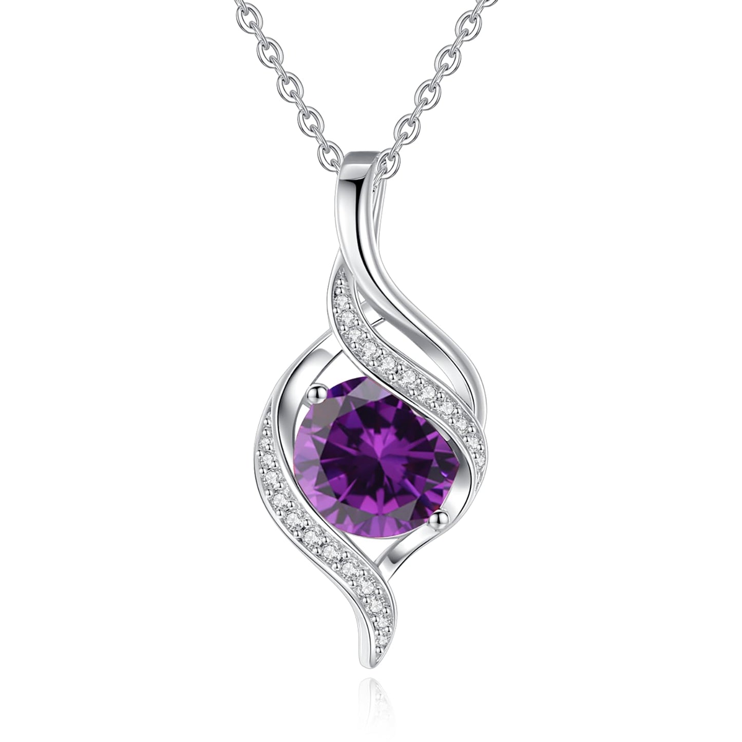 FANCIME February Birthstone Necklace for Women Round Amethyst Necklace S925 Sterling Silver full Love Birthday Gifts for Mom Women, 16"+2" Inches
