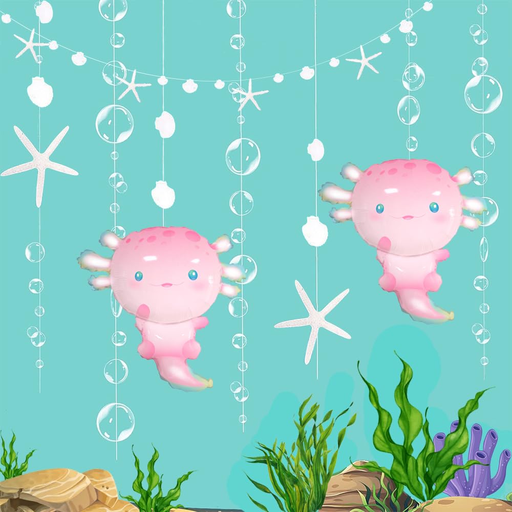 Pink Axolotl Foil Balloons Bubble Shell Starfish Banner Inflatable Axolotl Birthday Party Decorations Underwater Animal Summer Beach Themed Party Decor Favor for Baby Shower Party Decorations Supplies