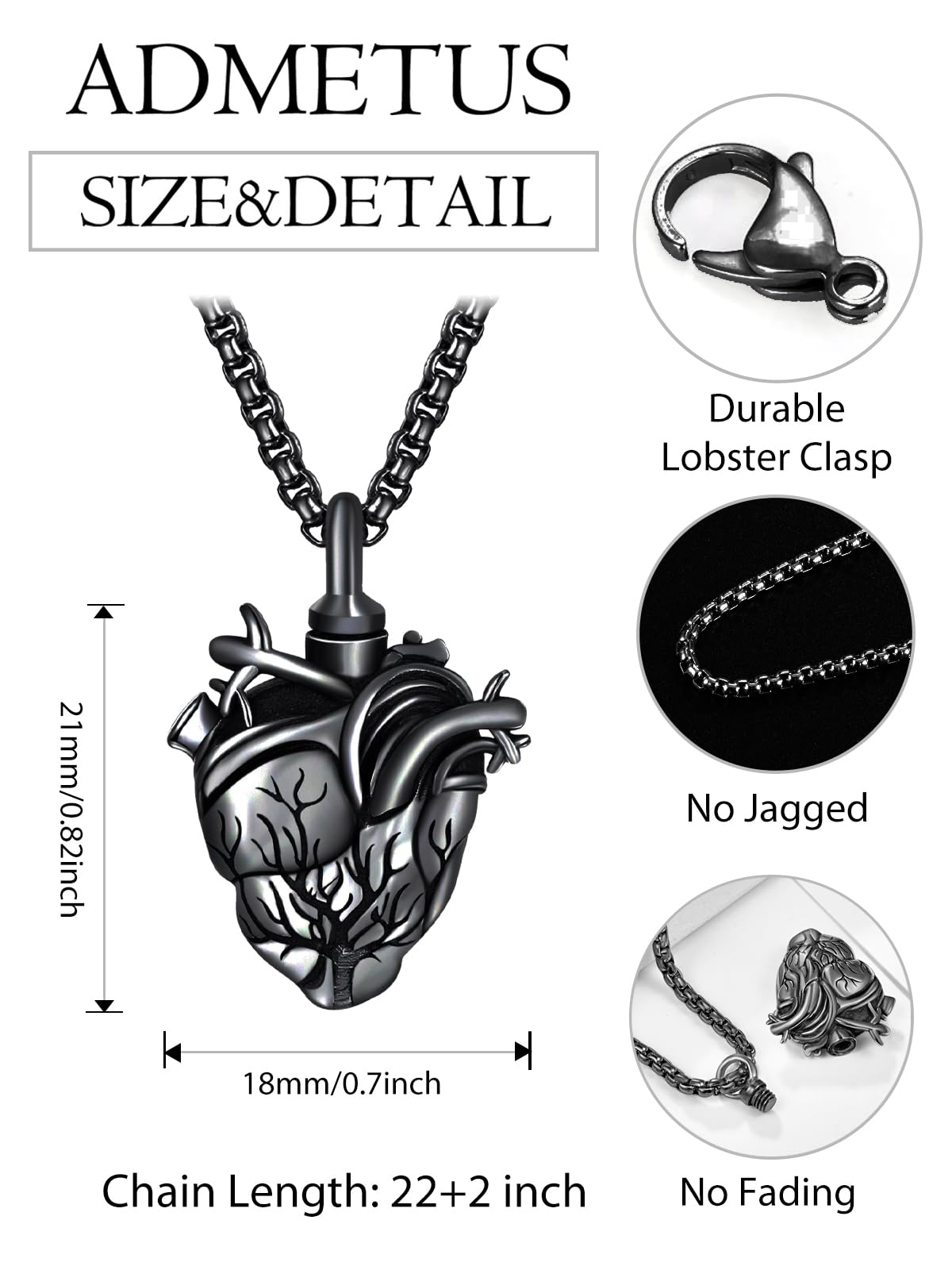 ADMETUS Tree of Life Urn Necklace for Ashes for Men Black Cremation Jewelry for Ashes Anatomical Heart Urn Keepsake Pendant Memorial Gifts
