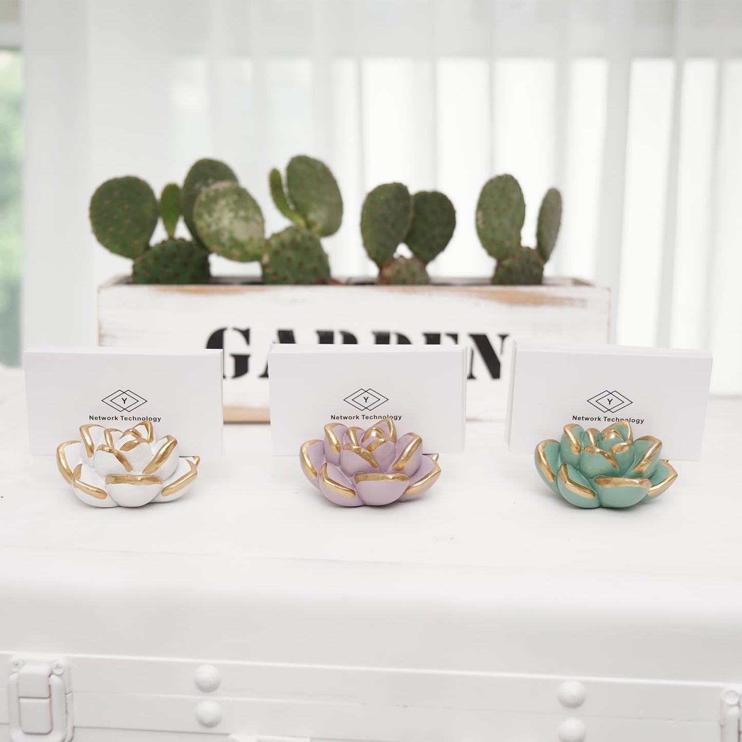 wowhalolo Resin Succulent Business Card Holder Set of 3 - White, Pink, Green - Modern Desk Organizer and Display Stand for Office, Store - Vertical Name Card Holders - Unique Gift and Decor