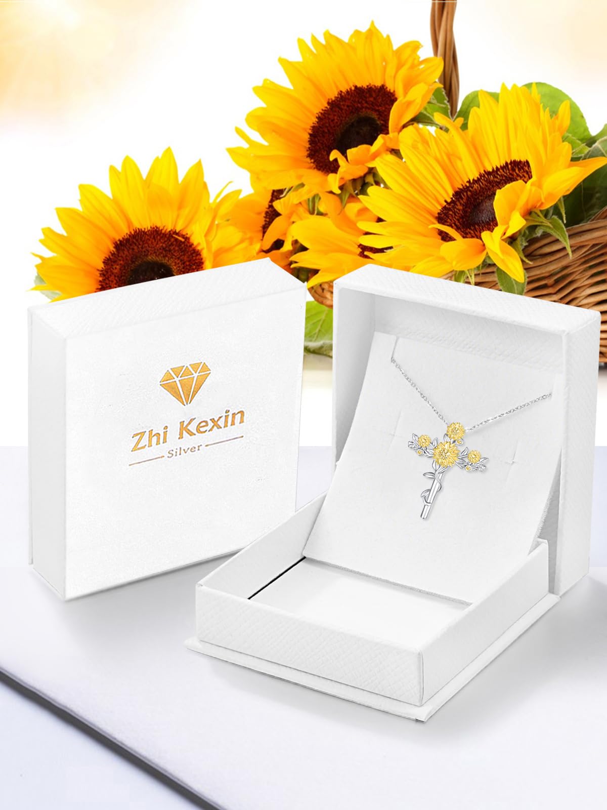 Zhi Kexin Sunflower Cross Pendant Necklace for Women 925 Sterling Silver Flower Jewelry Mothers Day Birthday Gifts for Sunflower Lovers