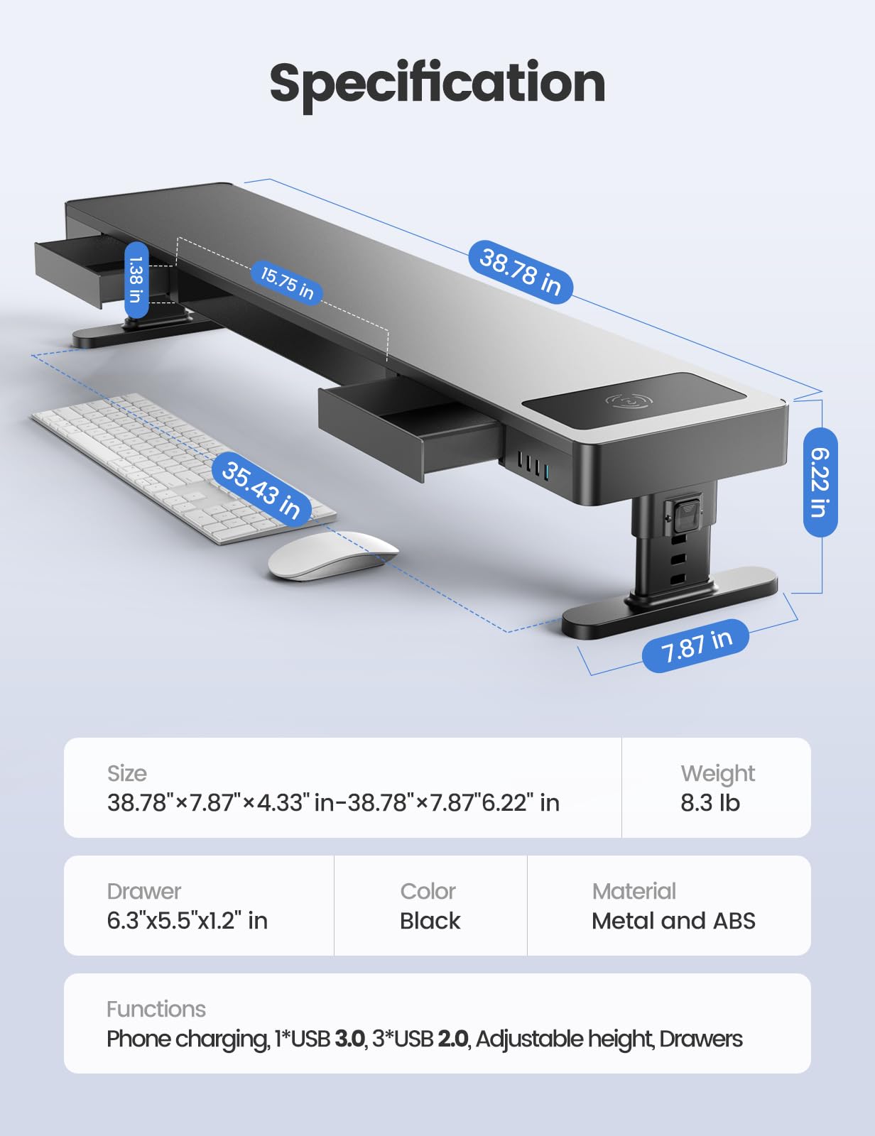 meatanty Dual Monitor Stand with 4 Adjustable Heights, Auto Phone Charging Pad, 4 USB Ports, Computer Riser with Drawers Storage, Metal Double Desk Organizer Lifter Raiser for 2 Monitors Screen Gift