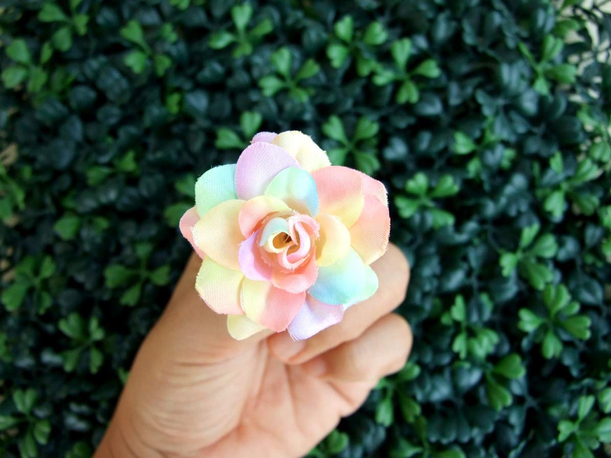 ICRAFY (24) Silk Rainbow Pastel Tones Roses Flower Head - 1.75" - Artificial Flowers Heads Fabric Floral Supplies Wholesale Lot for Wedding Flowers Accessories Make Bridal Hair Clips Headbands Dress