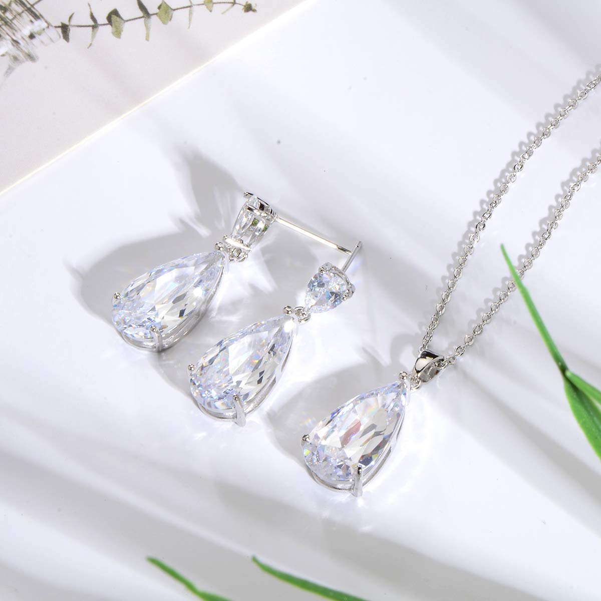 Mycitta Bridal Jewelry Set for Wedding Silver Teardrop Cubic Zirconia Crystal CZ Necklace Earrings Set for Bride Bridesmaids Mother of Bride Prom Party Women Costume Jewelry
