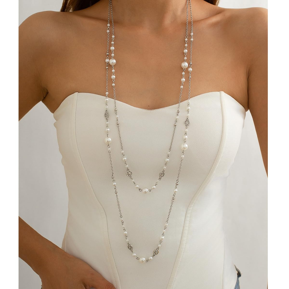 Long Pearl Necklaces for Women Pearl Long Chain Necklace Dainty Gold And Long Pearl Necklaces Layered Pearl Necklace Statement Sweater Strand Chain Jewelry (Silver2Pcs)