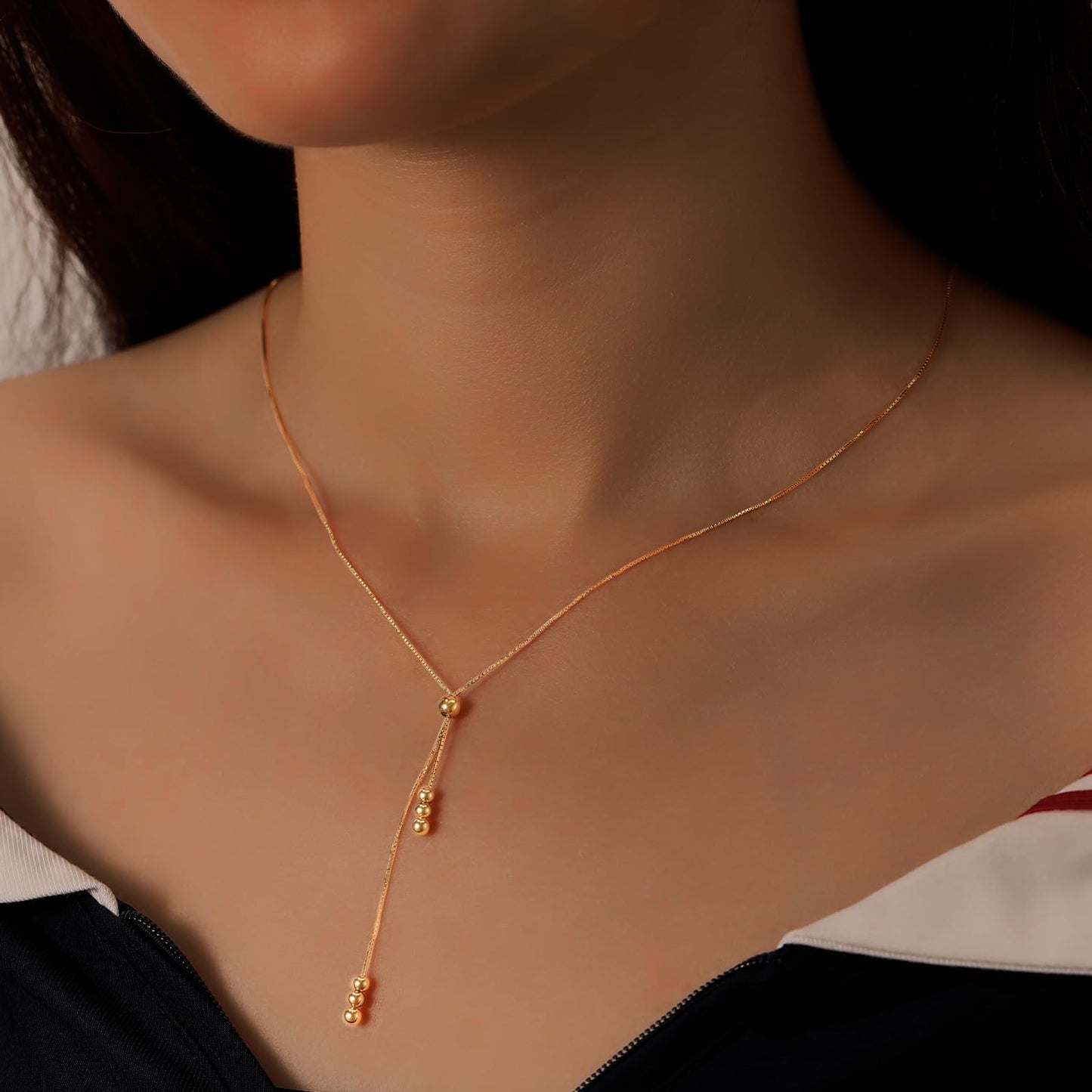 UTISUVIKO Lariat Gold Necklace for Women S925 Sterling Silver Dainty Layered Bead Necklaces 14k Gold Adjustable Y-Shaped Tassel Round Beaded Pendant Long Chain Necklace for Wedding Mother's Day Jewelry(Gold)