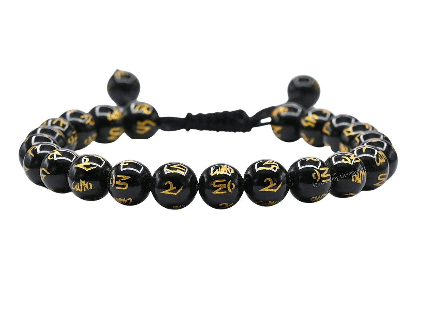 Amazing Gemstone Om Mani Black Agate Bracelet for Women Men's Gifts - Protection Healing Crystal Bracelet - 8mm Gemstones Beaded Adjustable Bracelet Pulseras Para Hombres Mujer Stocking Stuffers