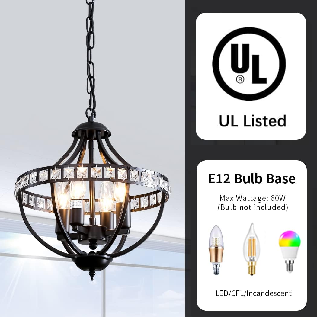 Lanpesting Crystal Chandelier Light Fixtures, 4-Lights Farmhouse Rustic Vintage Black Pendant Hanging Lighting Ceiling Chandeliers for Kitchen Island Dining Room Living Room Bedroom Foyer Hallway