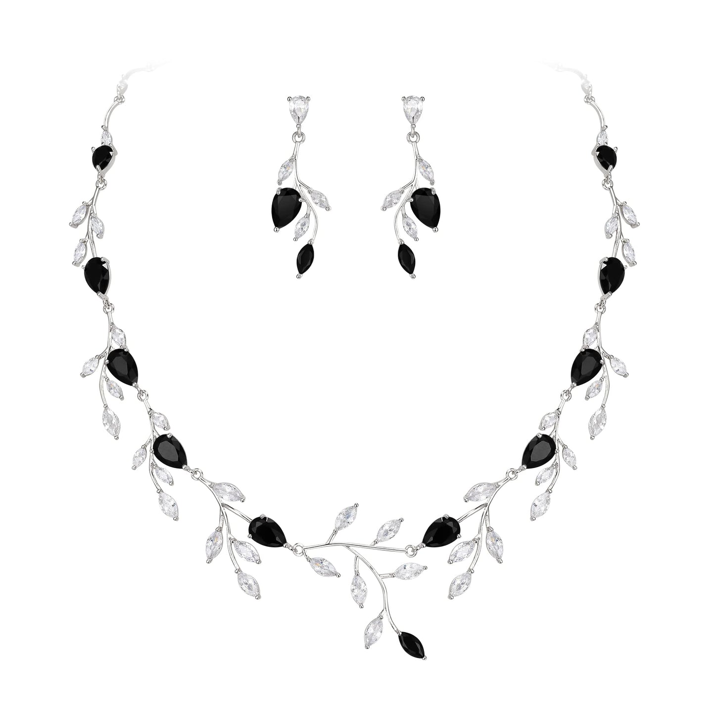 EVER FAITH Party Jewelry Set for Women, Sparkly Cubic Zirconia Pear-Shaped Birthstone Leaf Necklace Earrings Sets for Prom Black