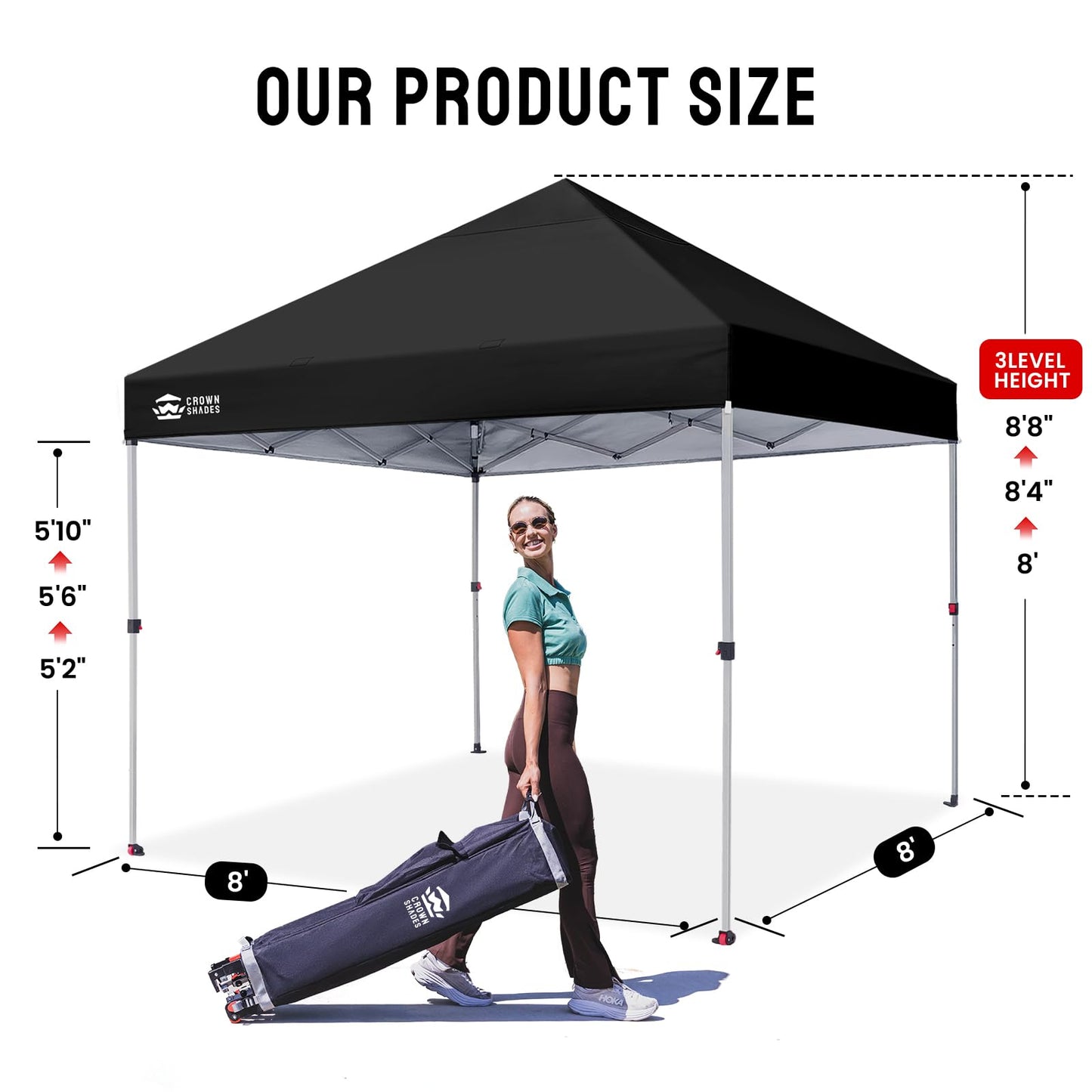 CROWN SHADES 8x8 Pop Up Canopy, Patented Center Lock One Push Instant Popup Outdoor Canopy Tent, Newly Designed Storage Bag, 8 Stakes, 4 Ropes, Silver-Coated Black