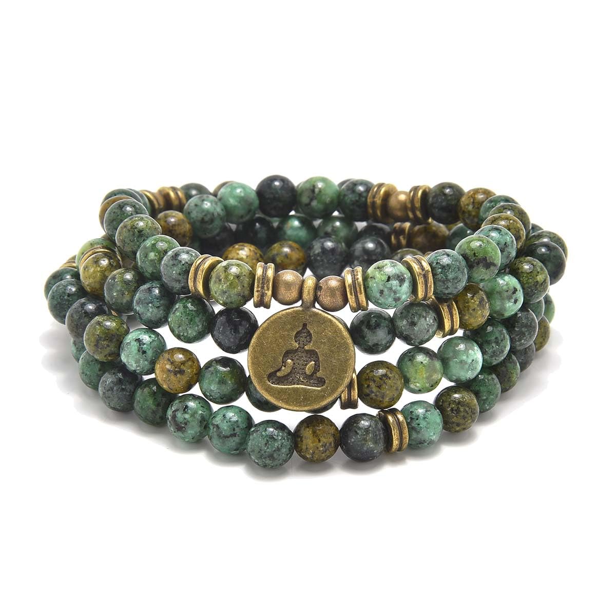 oasymala 108 Mala Beads Bracelet Necklace with Yoga Symbol Buddha Charm – Gold-Plated Meditation Jewelry, Healing Stone, Ideal Spiritual Gift for Yoga & Meditation (African Turquoise)