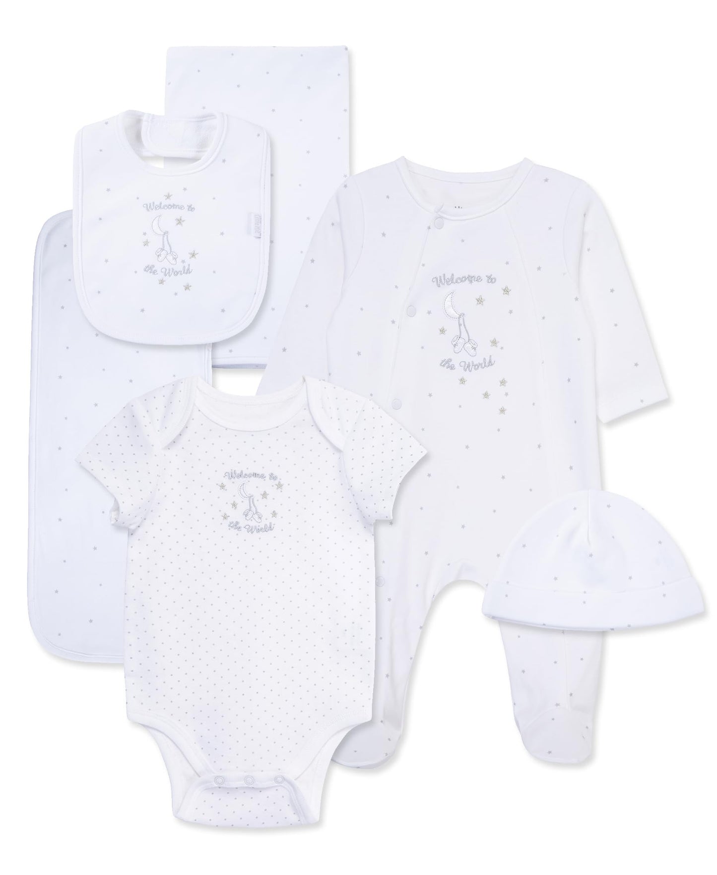 Little Me Clothes for Baby Layette Gift Set - Footie and Cap, Onesie, 3-Piece Bib and Burp Set, Swaddling Blanket, Baby Shower Gifts - White Welcome Clothes for World, Newborn