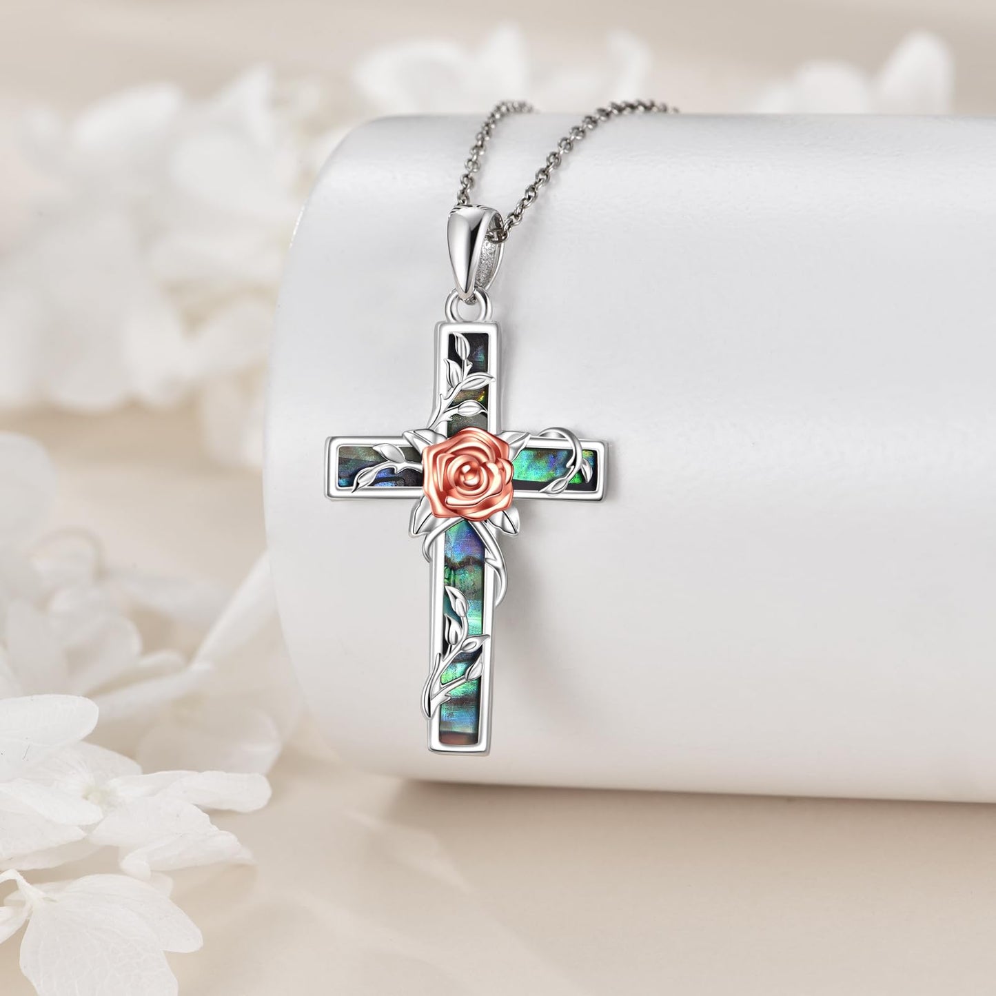 YFN Rose Cross Necklace Sterling Silver Flower Cross Pendant Abalone Shell Jewelry Religious Christian Baptism Gifts for Her Women