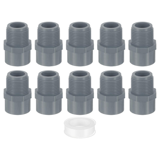 uxcell PVC Male Adapter Pipe Fitting, 10Pcs 3/4" 2-Way PVC Pipe Connectors with Sealant Tape (Socket x Male Thread), Hose Adapter Coupling for Plumbing Water Line (Grey)