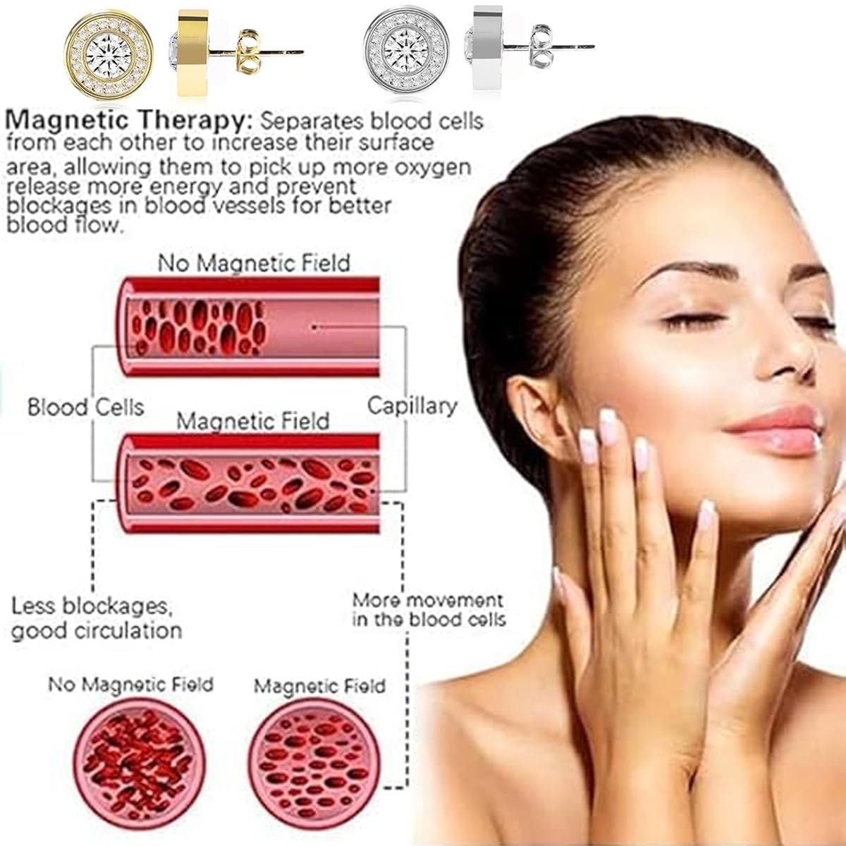 Lymphatic Magnetology Earrings For Women, Halolux Lymphvity Germanium Drainage Therapy Infrared Bead Negative Ion Lymph Detox Earring Stud Earrings Round Rhinestone Jewelry Gift (gold)
