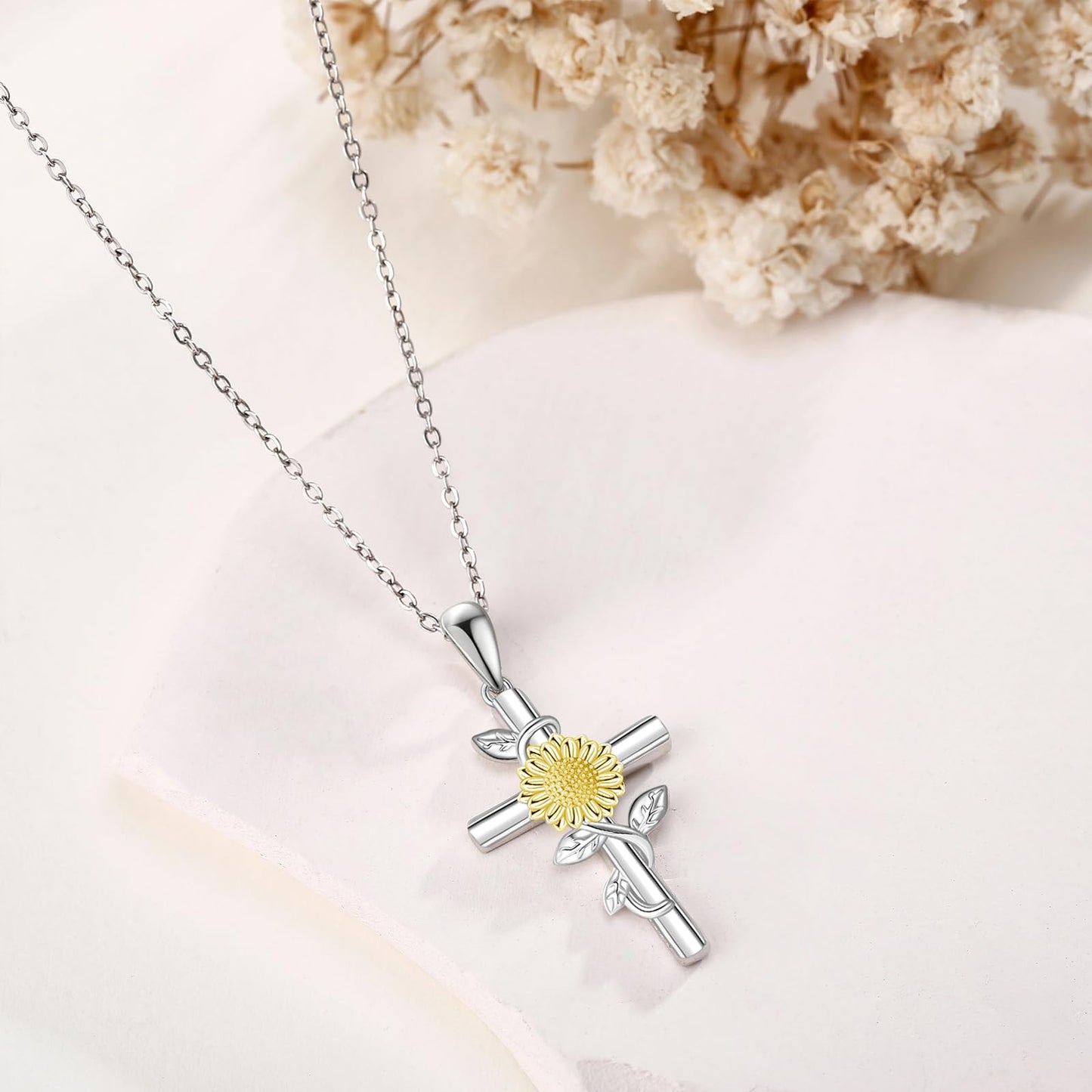 Sunflower Cross Necklace 925 Sterling Silver Cross Sunflower Pendant Necklace Birth Flower Jewelry for Women