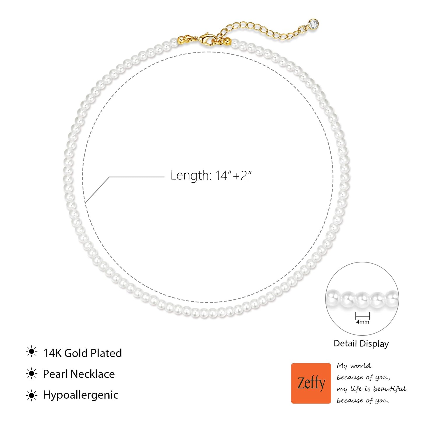 Zeffy Pearl Necklace for Women, 4MM Dainty Round Imitation Pearl Choker Necklace Wedding Delicate Jewelry for Women Simple Bridesmaid Jewelry Gifts