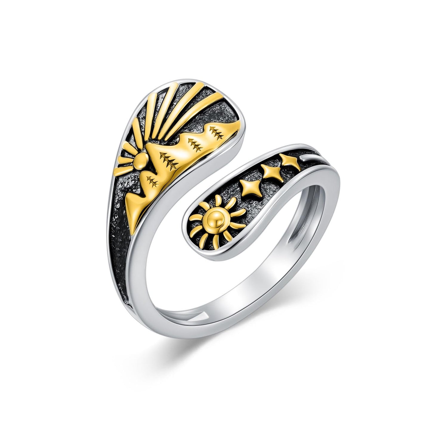 Midari Sun and Moon Star Spoon Rings 925 Sterling Silver Adjustable Sun and Moon Thumb Vintage Finger Open Mountain Spoon Ring Moon Phase Jewelry Halloween Christmas Birthday for Women Daughters Friends