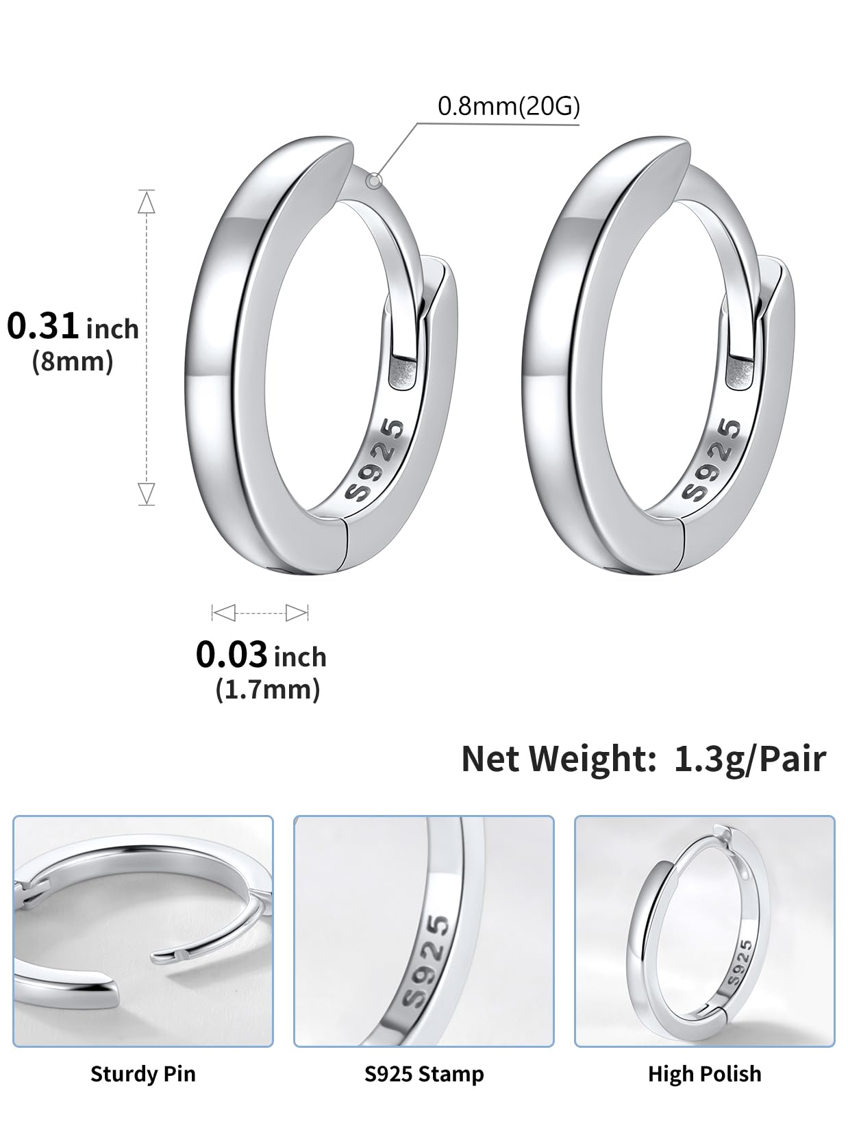 SILVERCUTE 925 Sterling Silver Huggie Hoop Earrings for Women,Hypoallergenic Small Silver Hoop Earring Cartilage Earring Lightweight Huggies Earrings for Women,8/10/12mm