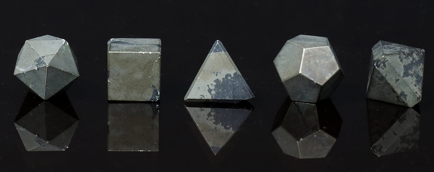 Crocon® Golden Pyrite 5pcs Platonic Solids Crystal Geometry Set Platonic Solids Sacred Geometric Stones for Meditation Reiki Balancing Healing Chakra Stone Cleansing Spiritual Good Luck 15-20 mm