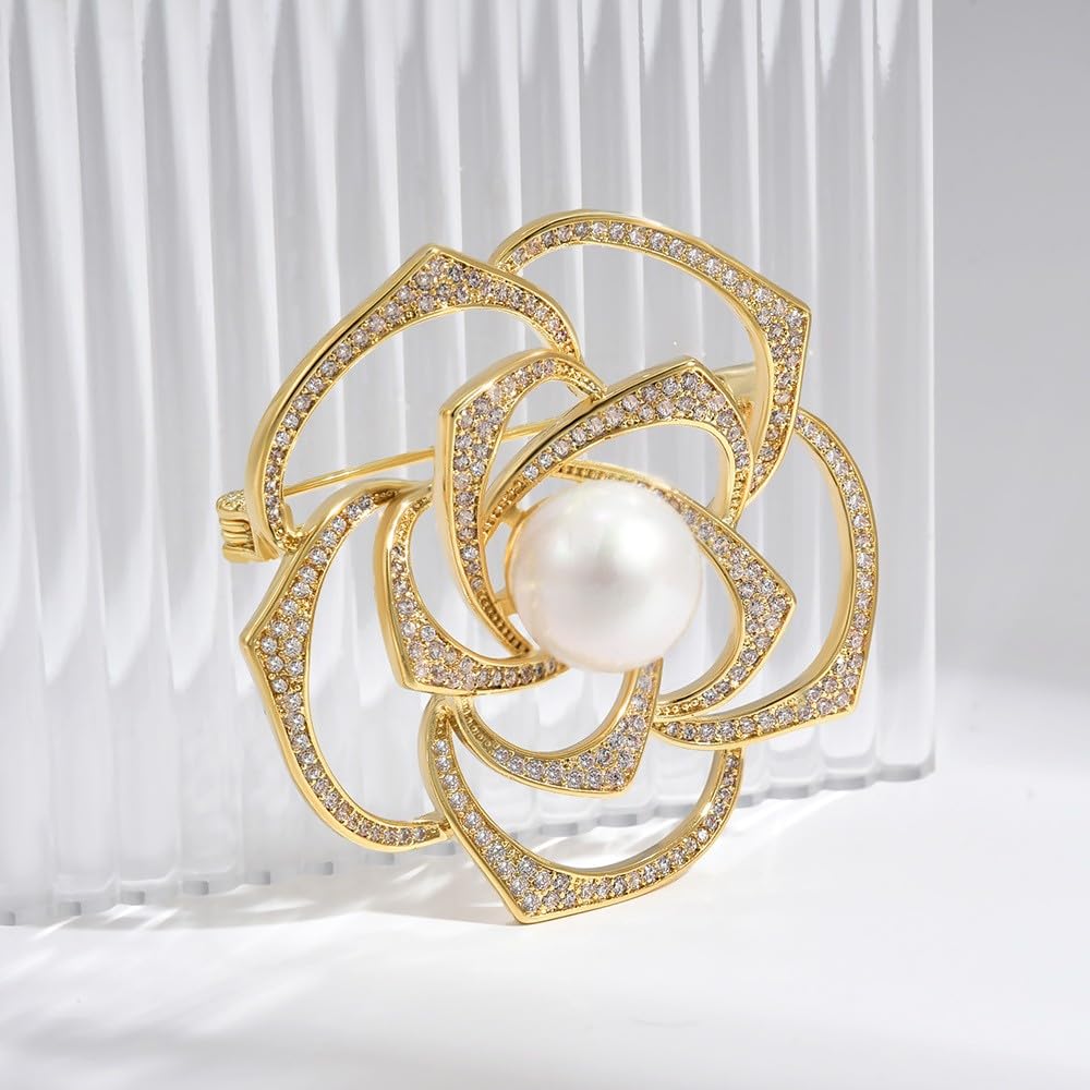EMEGCY Gold Rose Brooch for Women Rhinestone Rose Flower Brooch Pin 18K Gold Plated Hollow Flower Lapel Pin Floral Jewelry Gift for Mom Wife Birthday