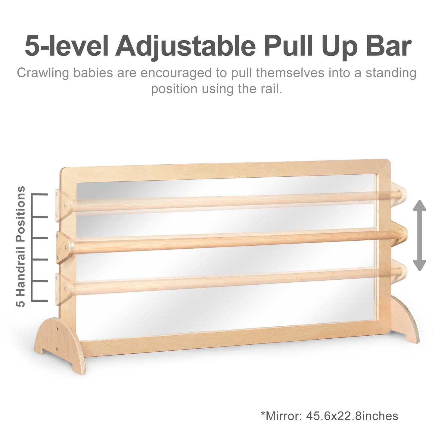KRAND 3-Position Montessori Shatterproof Safety Baby Mirror w/Pull Up Handrail, Infant Coordination Mirror Set, Kid's Classroom Furniture for Nursery, Daycare, Homeschool or Preschool (Natural Pura)