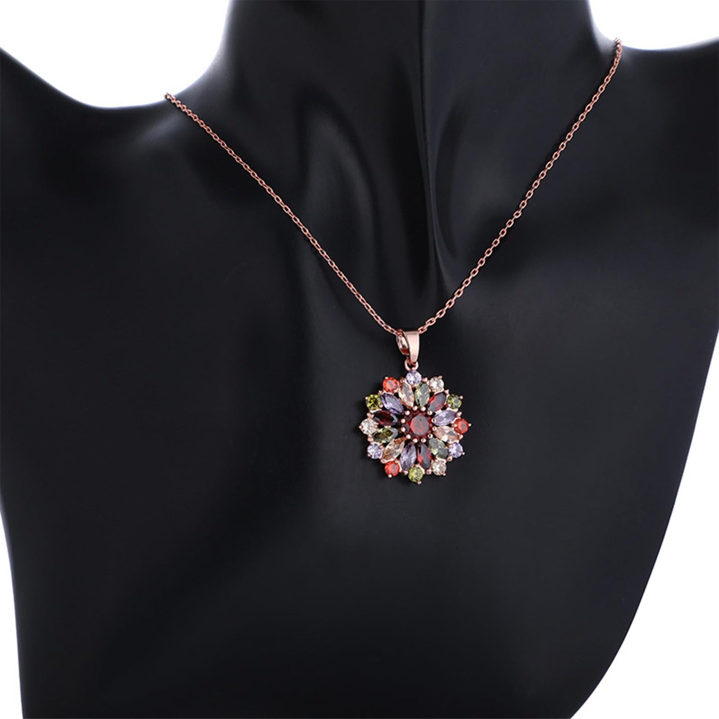 Kim Carrey Italian Elegant Rose Gold Necklace for Ladies | 18K Rose Gold Plated Necklace Pendant for Women | Gemstone necklace, Gift for Daughter, Wife, Mom, Her Jewelry (Colorful flowers)