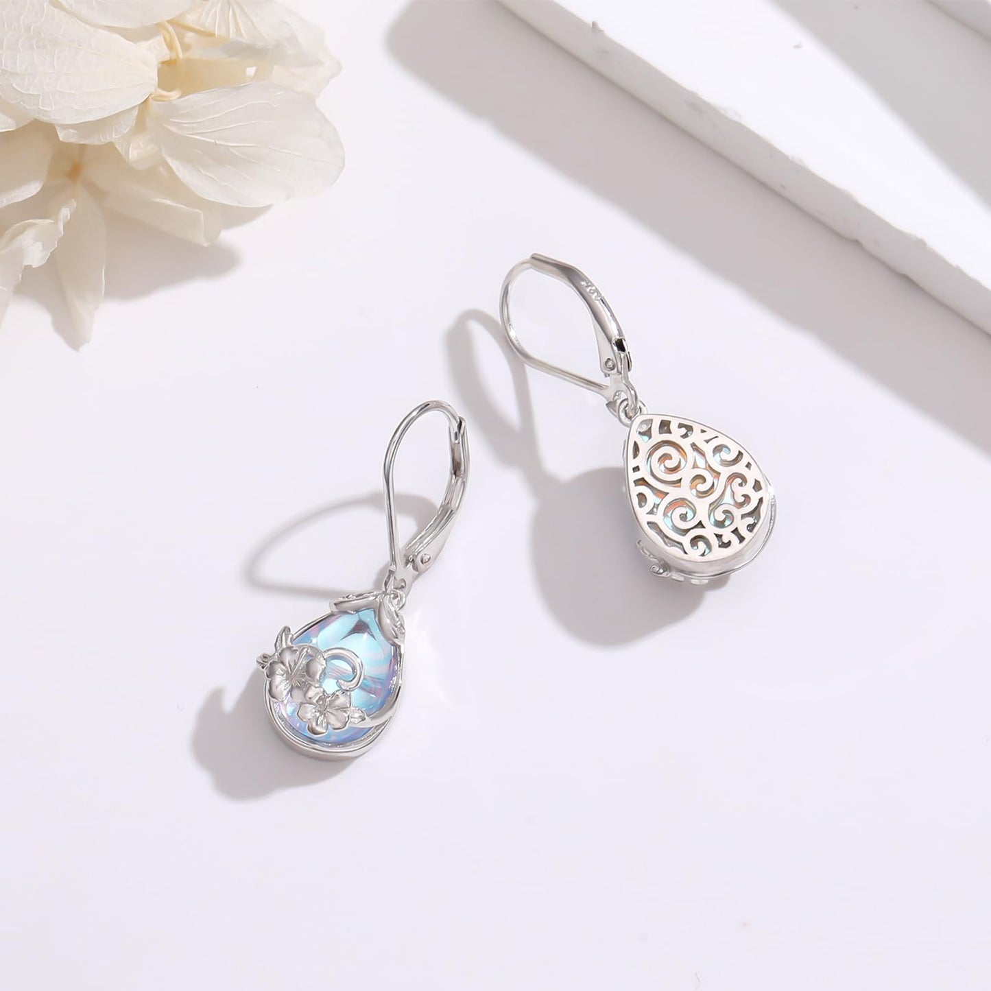 KoyeKei Hibiscus Earrings for Women 925 Sterling Silver Hibiscus Flower Hawaii Moonstone Dangle Drop Leverback Earrings Hawaiian Jewelry Graduation Birthday Gifts for Girlfriend Her Lover