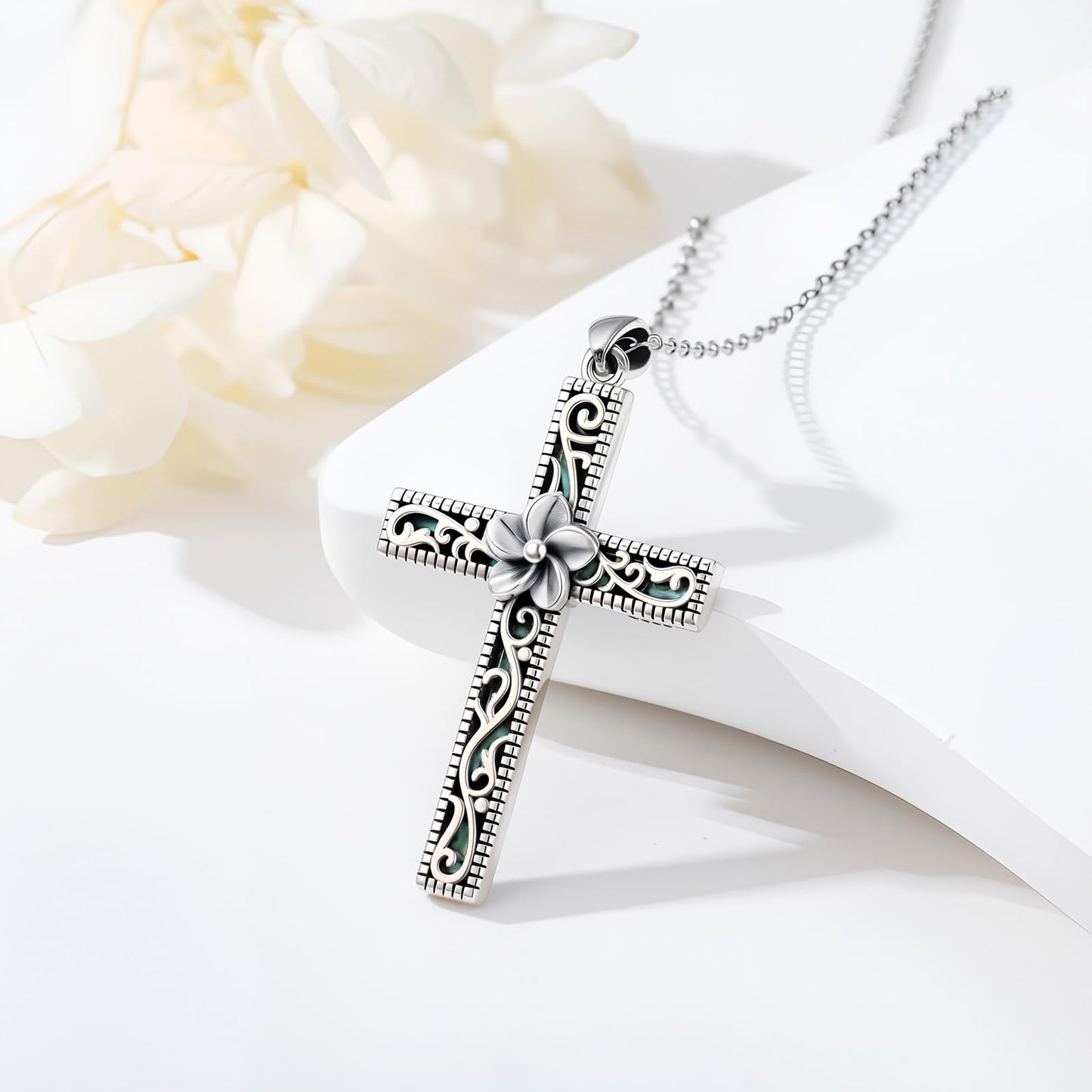 KoyeKei Plumeria Necklace for Women 925 Sterling Silver Hawaiian Plumeria Flower Necklaces Filigree Cross Religious Pendant Faith Hawaii Graduation Jewelry Mothers Day Gifts for Mom Wife Sister
