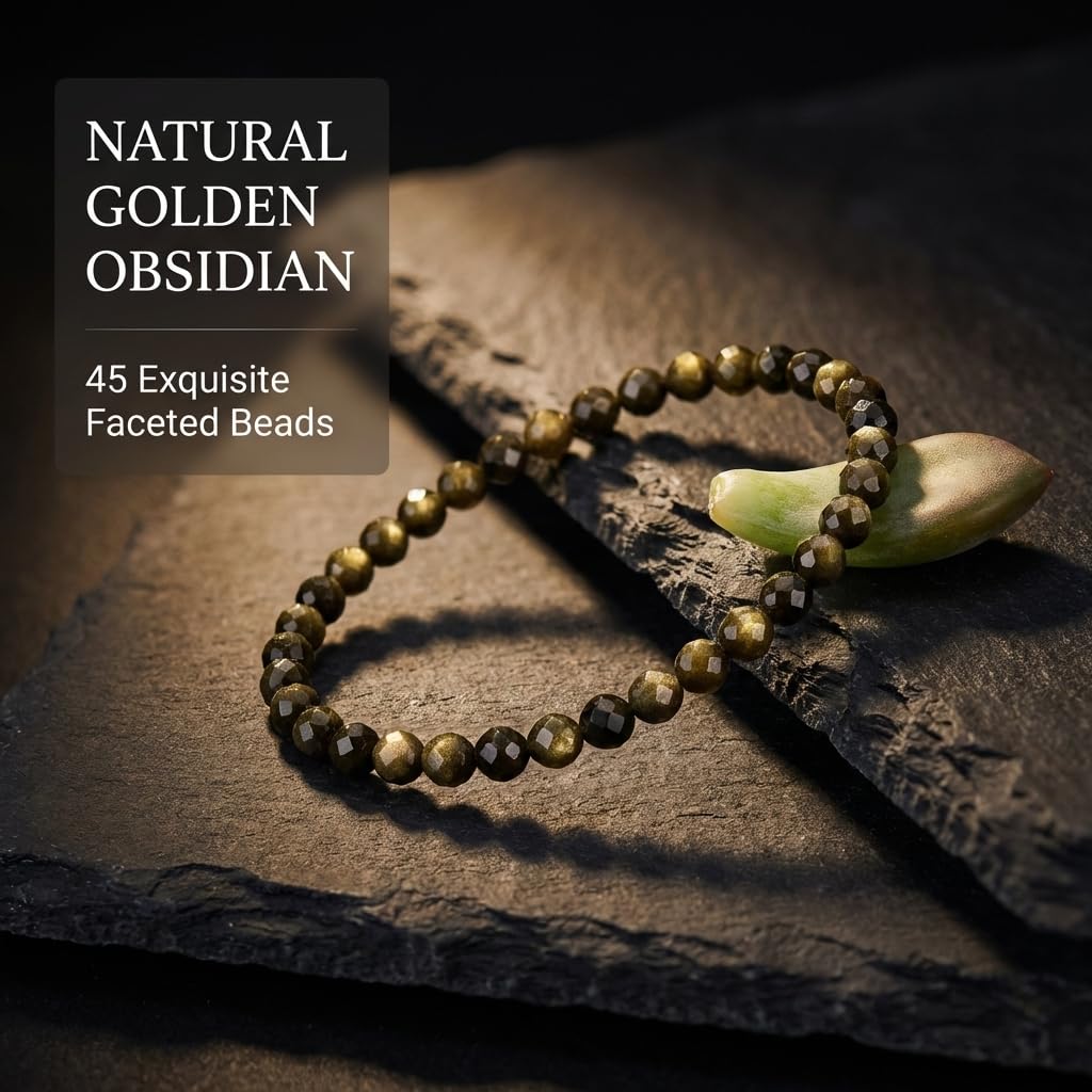 Angelstones Natural Golden Obsidian Gemstone Stretch Bracelet, 4mm Faceted Round Beads, Crystal Healing for Women