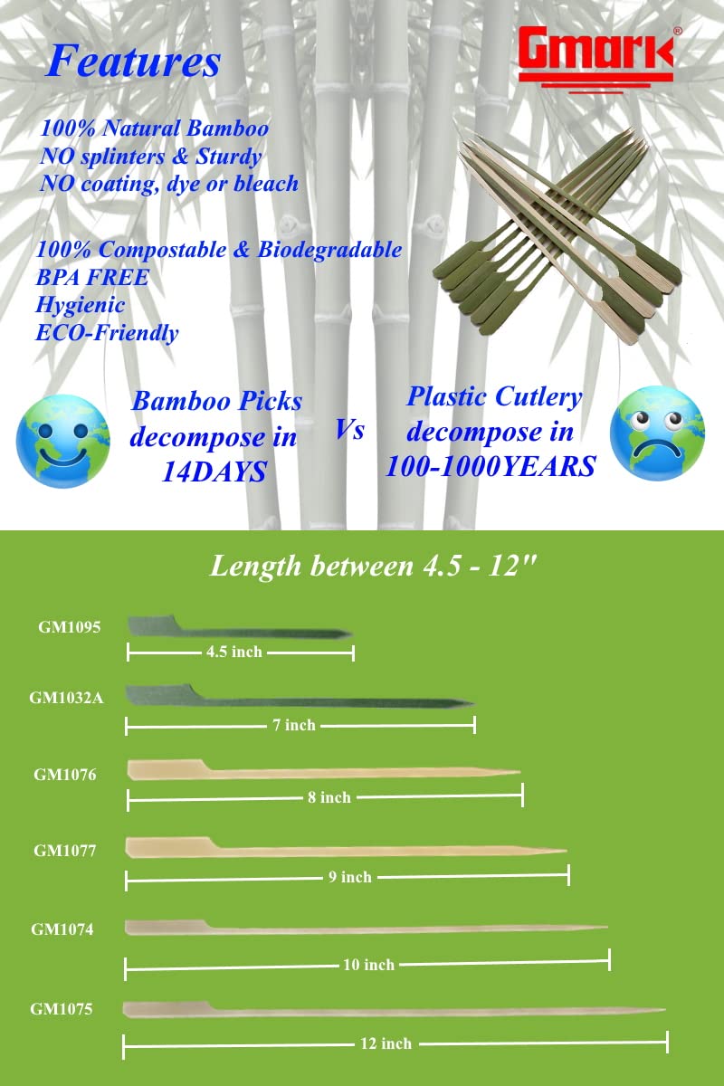 Gmark Bamboo Paddle Skewers 10" 100pc/Bag, Kabob Skewers, BBQ Skewers for Outdoor Grilling GM1074