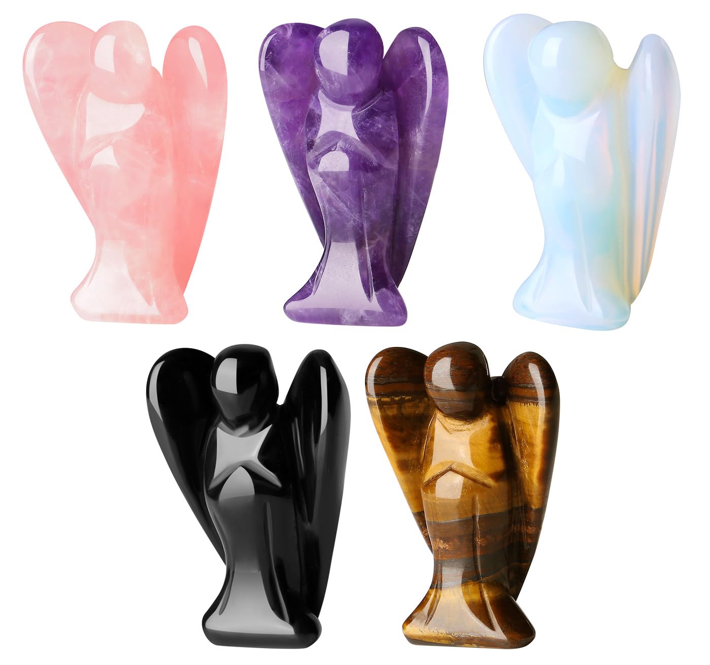 QINJIEJIE 5PCS Crystal Angel Decor Amethyst Rose Quartz Opal Black Obsidian Tiger Eye Polished Stones Statue Cute Carved Gemstone Room Office Desk Guardian Angel Home Reiki Pocket Gift for Women