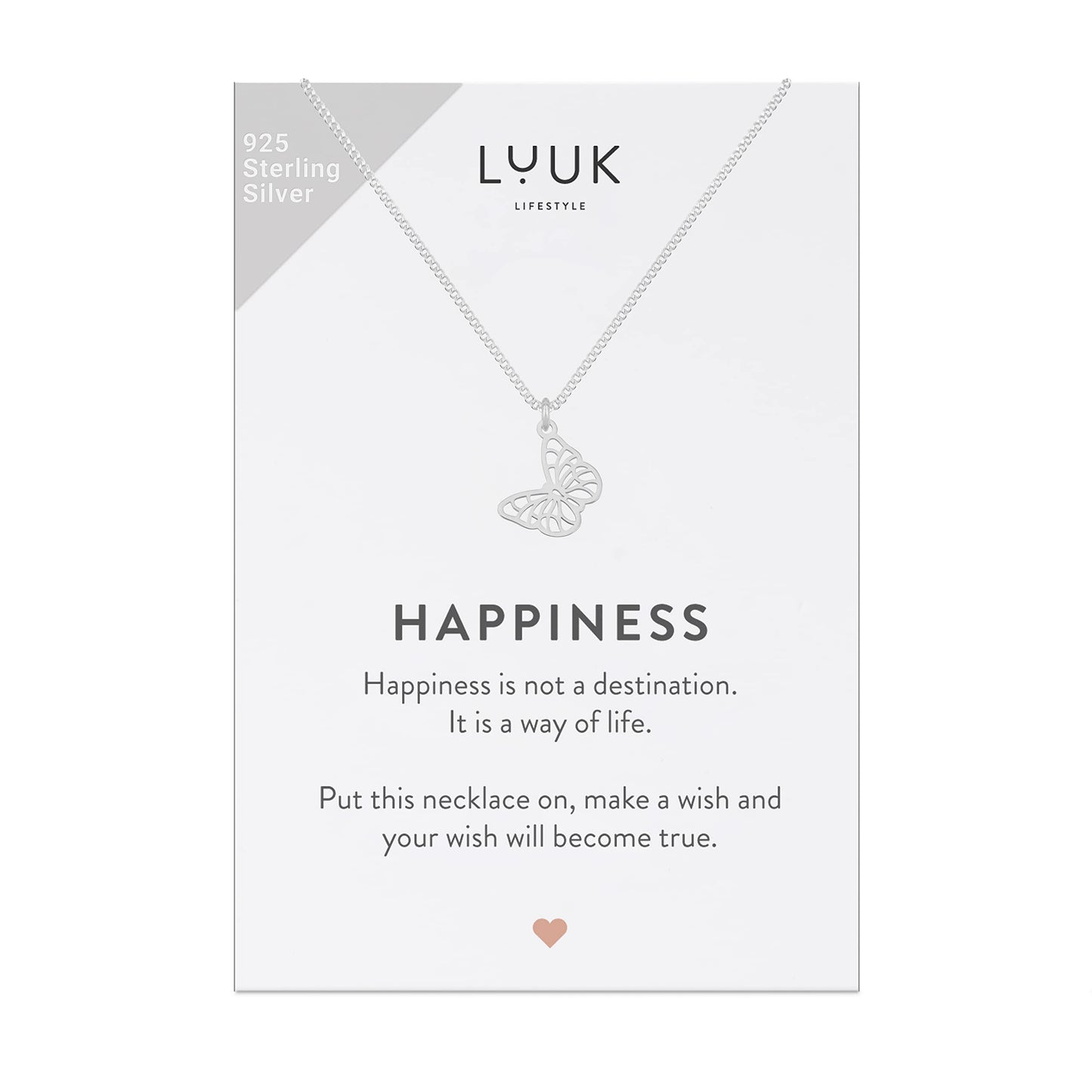 LUUK LIFESTYLE 925 sterling silver Necklace (19”), butterfly pendant necklace with HAPPINESS card, gift for friend, fiancée, Mother’s Day, Valentin’s day, lucky charm, minimalist jewelry, silver