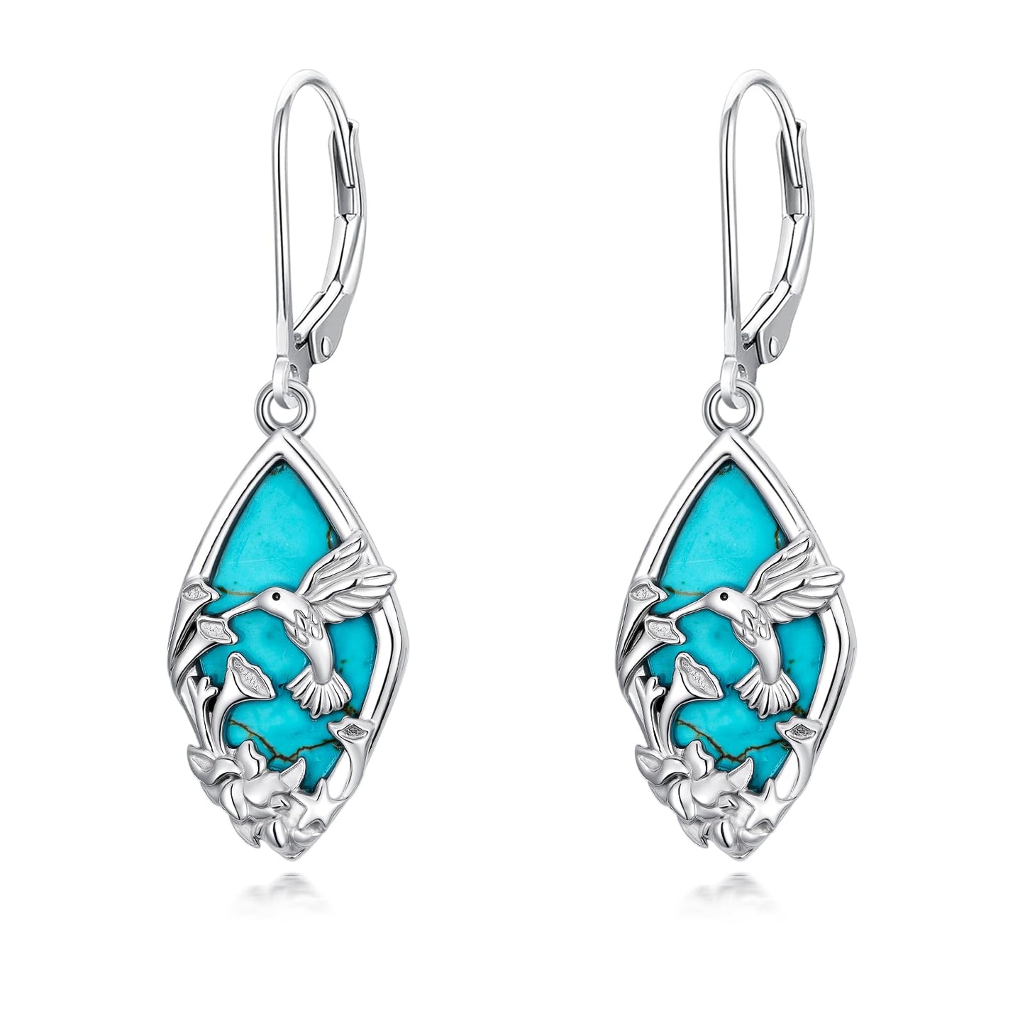 Eetaitai Hummingbird Earrings 925 Sterling Silver Natural Turquoise Jewelry Dangle Drop Earrings Western Boho Bird Flower Hummingbird Mothers Day Gifts for Mom Wife Sister