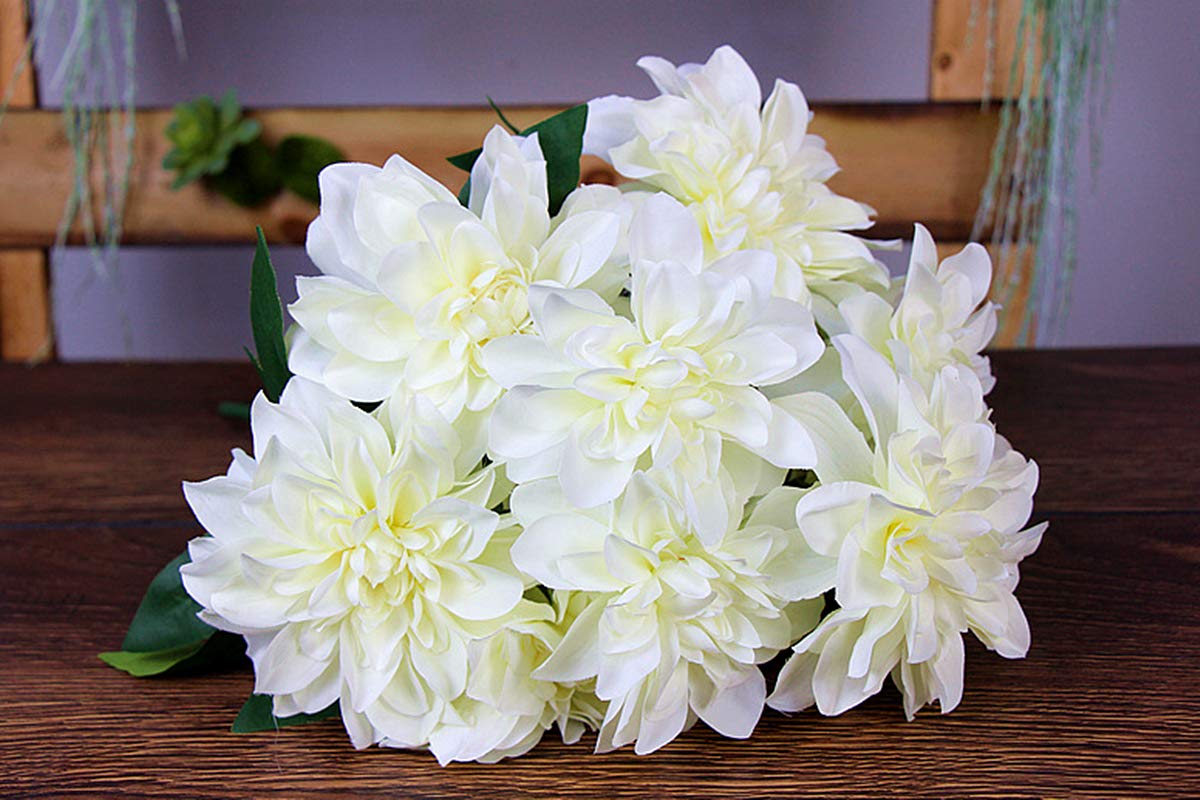 HoYuanFlo 10 Heads Dahlia Fake Flowers Artificial Dahlia Flowers Faux Flowers for Home Wedding Party Office Supplies (White)