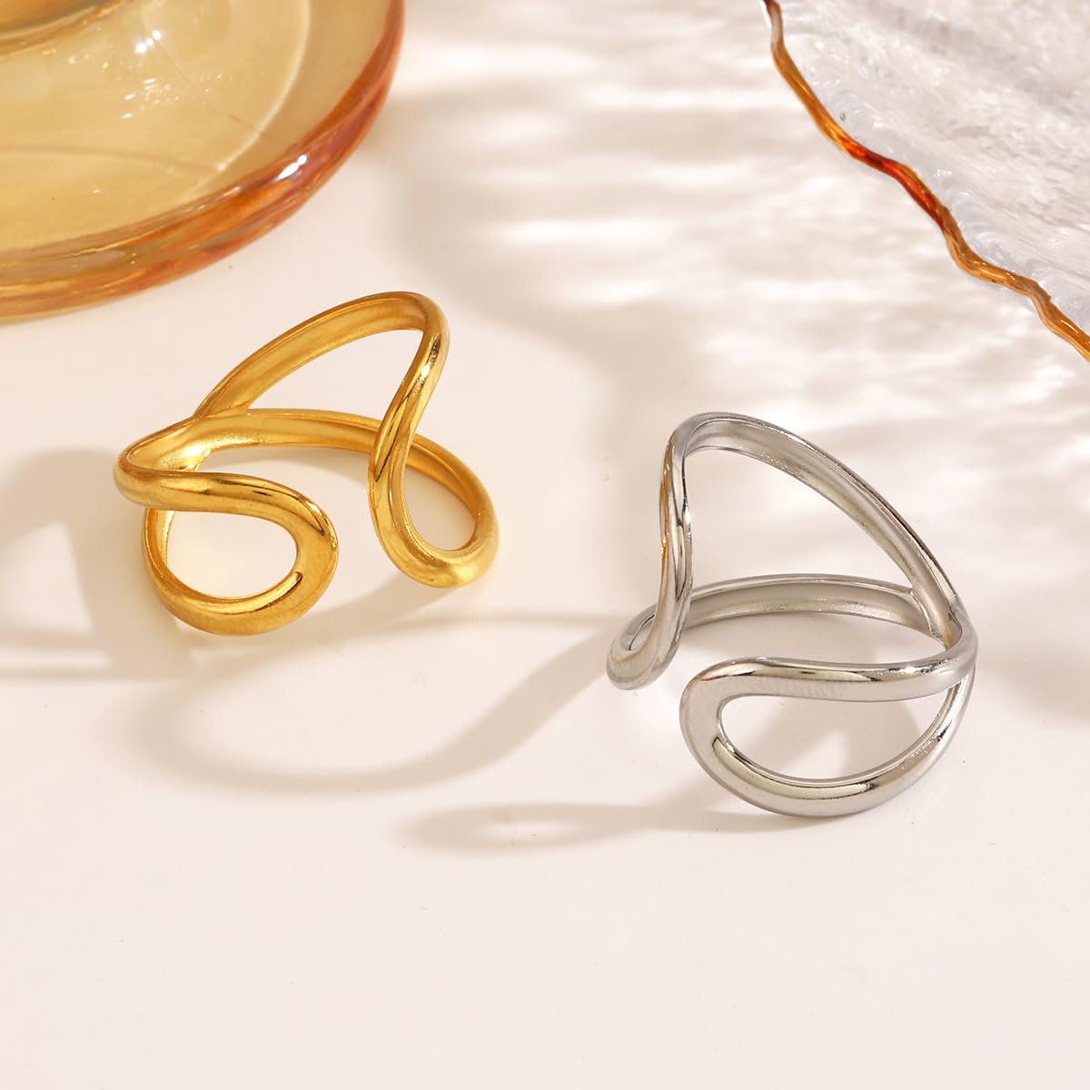 AIETUE Chunky Rings For Women, Gold Silver Thumb Ring Asymmetrical Wavy Curve Ring Adjustable Non Tarnish Dainty Stainless Steel New Year Anniversary Birthday Jewelry Gift (Voguish-Silver Gen 2)