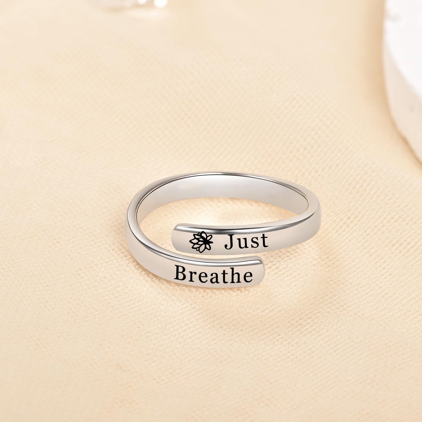 Just Breathe Rings for Women - 925 Sterling Silver Inspirational Jewelry Adjustable Lotus Ring Encouragement Gift for Women