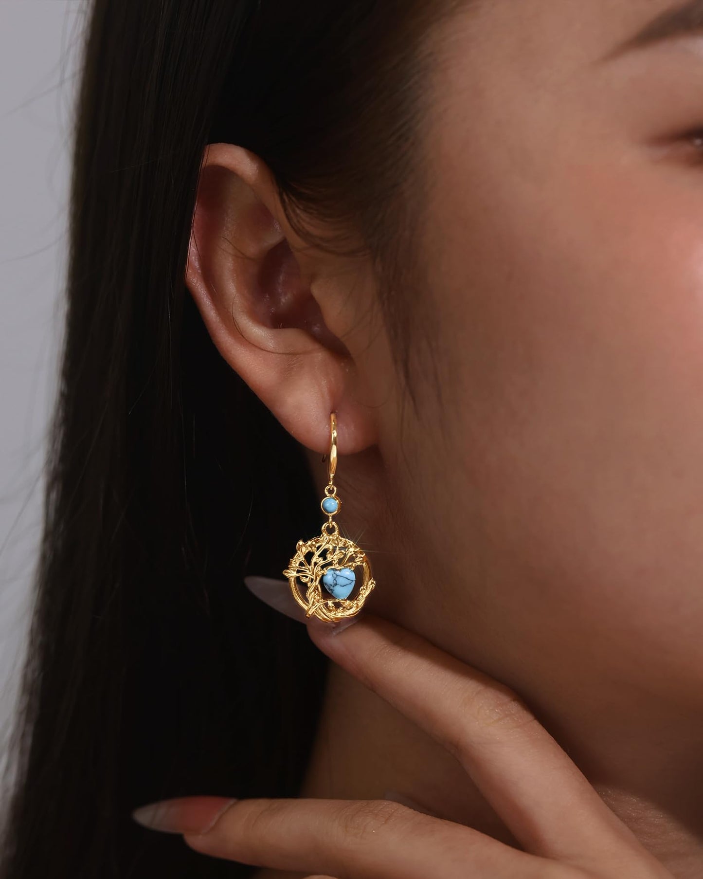 FANCIME Tree of Life Earrings 925 Sterling Silver Yellow Gold Plated Turquoise Dangle Drop Gemstone Earring December Birthstone Fine Jewelry Birthday Mothers Day Gifts for Mom Her Women