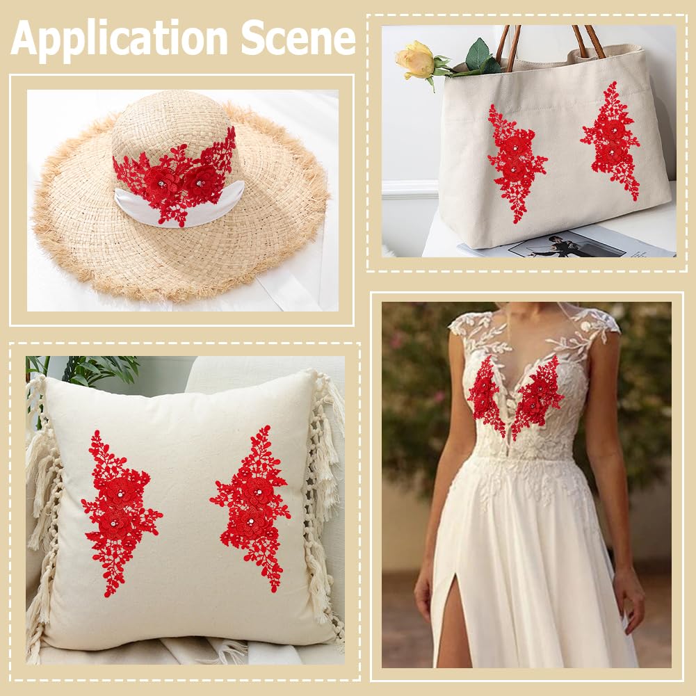 CABODYALS 4Pcs Red 3D Floral Lace Applique Pearl Beaded Embroidered Appliques Flower Rhinestone Embroidery Sew on Tulle Repair Patches Bulk for Sewing Making Clothes Dress Gown Wedding Costumes DIY