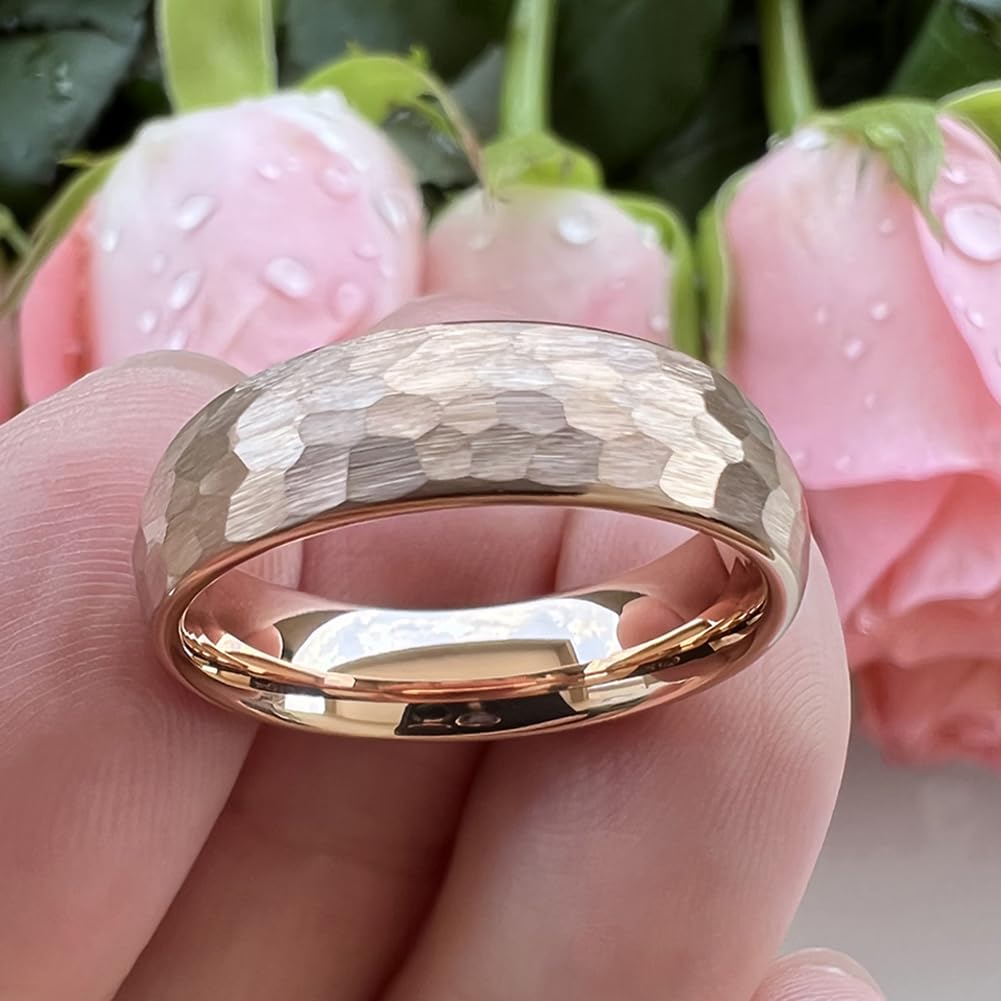 TUTISS 6mm Rose Gold Hammered Tungsten Rings for Men Women Engagement Wedding Bands Domed I Love You Engraved Comfort Fit Size 9.5