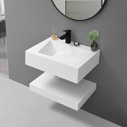 QJ&XY Resin Bathroom Sink 24" Wall Mounted V-Shaped White Basin Floating Vanity Vessel Sink in Soft-Touch Finish (Double Tier)